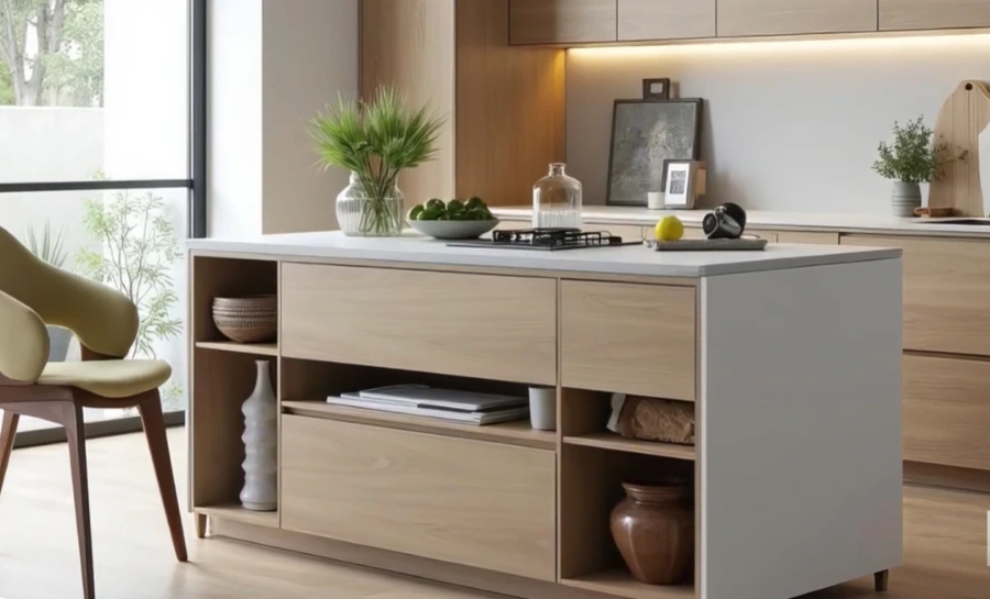 Remodeled Portland kitchen with light wood cabinetry, white countertops, and a minimalist island layout