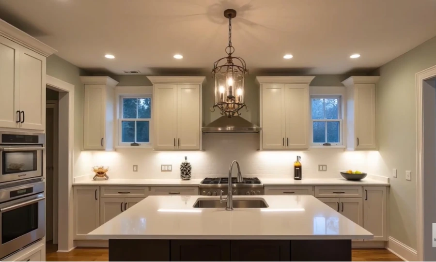 Remodeled Portland kitchen with a white island, pendant chandelier lighting, and evening light through the windows