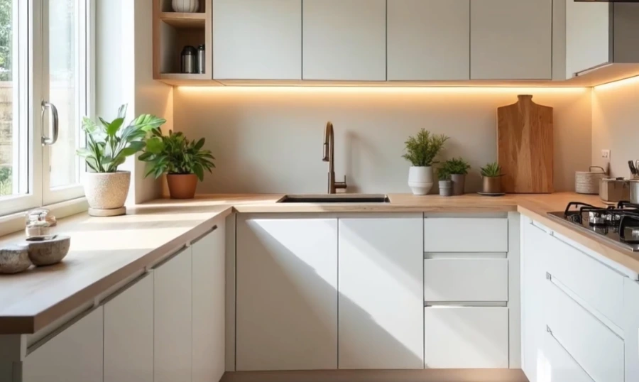 Remodeled Portland kitchen with white cabinetry, warm wood open shelving, under-cabinet lighting, and potted plants