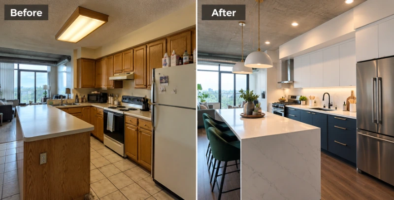 Small kitchen remodeling Portland Oregon condo galley before and after