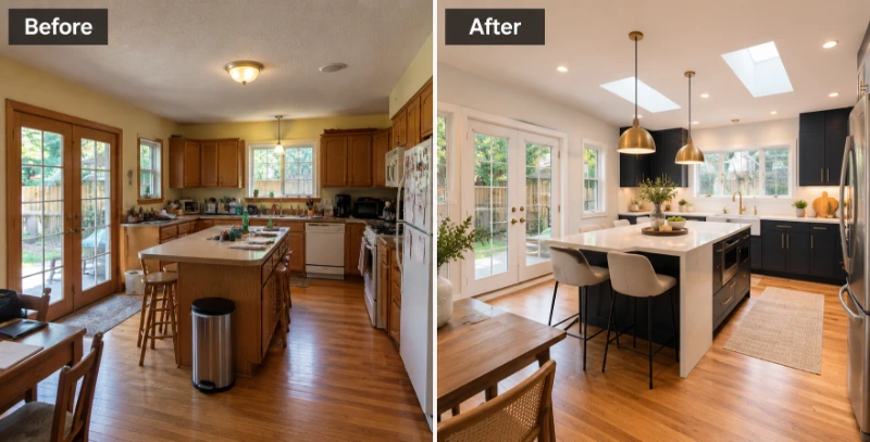 Open concept kitchen remodeling Portland Oregon before and after wall removal